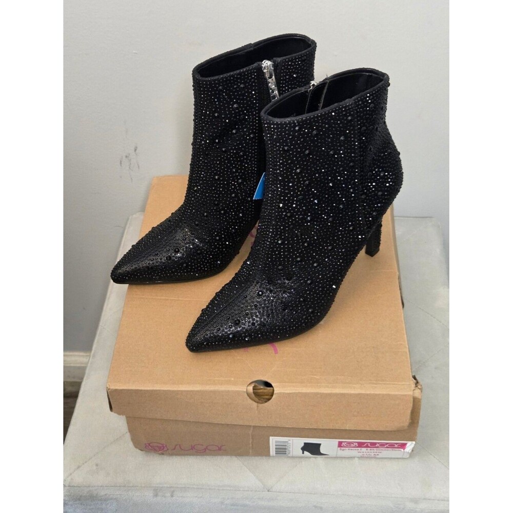 Sugar Vecna Black Crystal Embellished Pointed Toe Ankle Boots, Sz 7.5, NIB